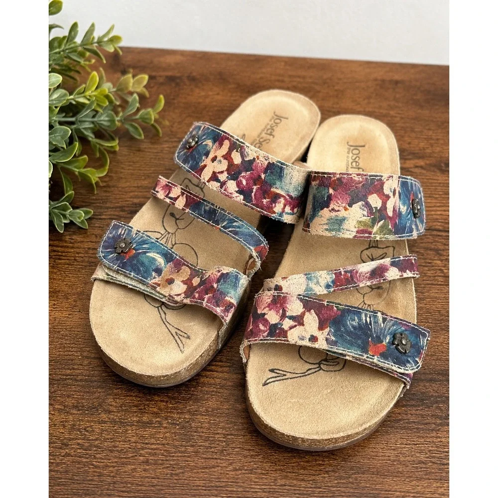 Josef Seibel Tonga 54 Floral Slide Sandals Blue Red Tan Cork Boho Size 38 7 -7.5 - Picture 1 of 12